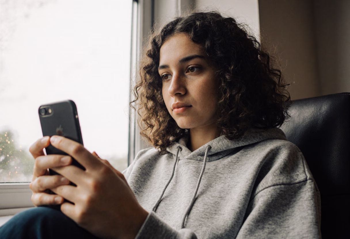Young woman looking at a phone and contemplating her pregnancy options.